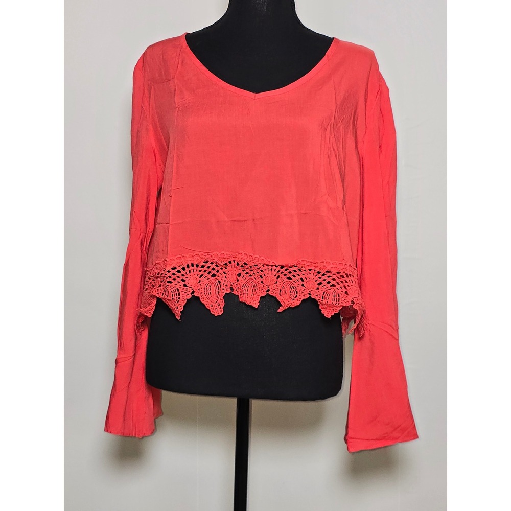 NWT Vizio Women's Blouse XL Coral Crochet Hem Long Sleeve boho beach travel